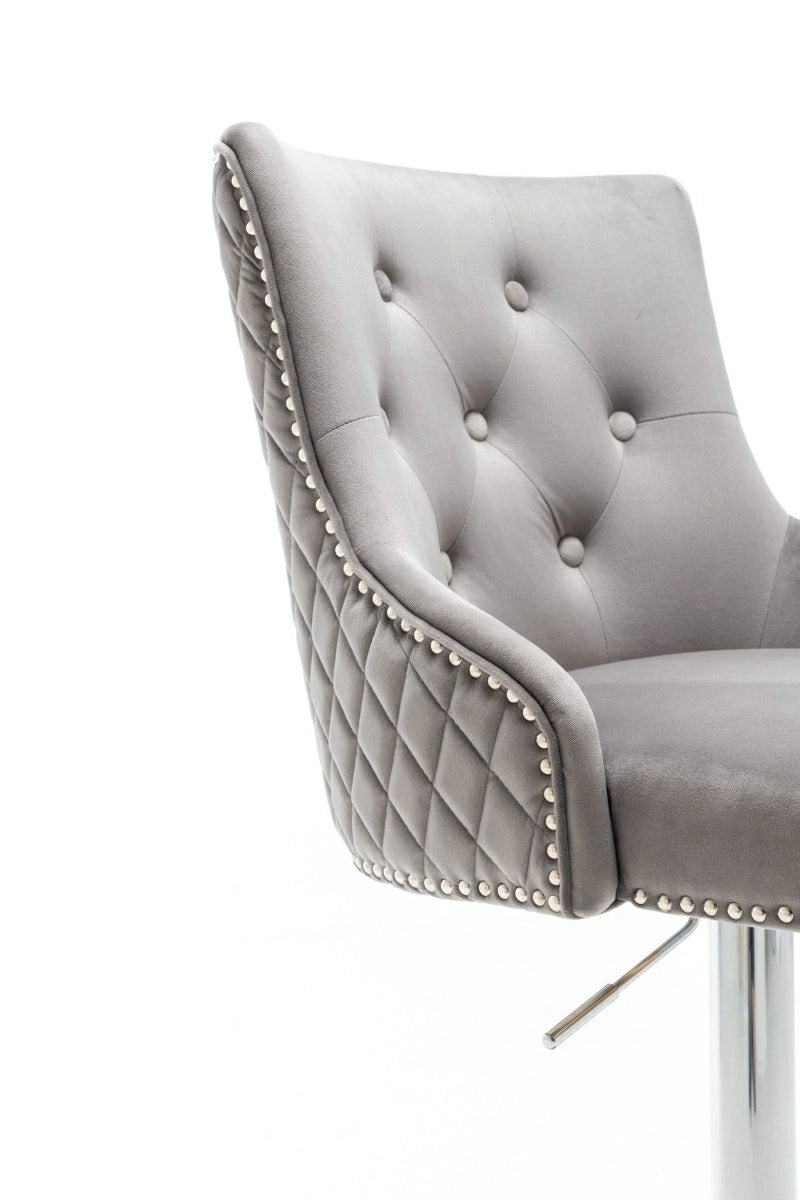 Portland, Light Grey French Velvet, Ring Knocker Quilted Back Bar Stool-Esme Furnishings