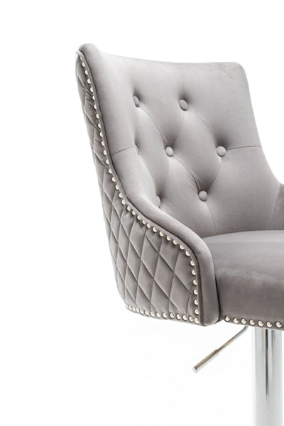 Portland, Light Grey French Velvet, Ring Knocker Quilted Back Bar Stool-Esme Furnishings