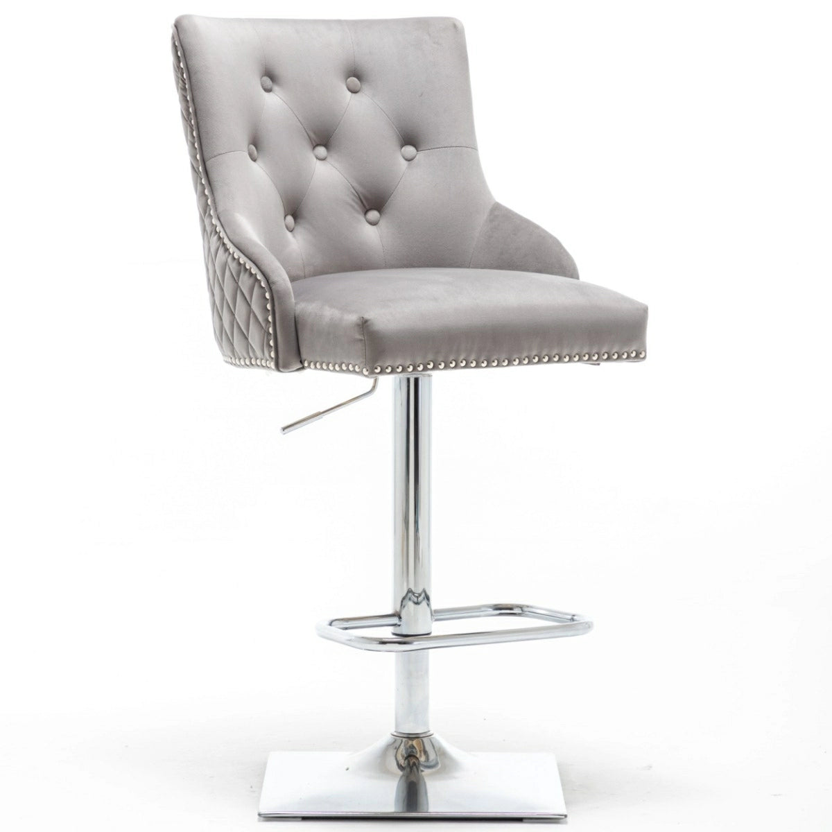 Portland, Light Grey French Velvet, Ring Knocker Quilted Back Bar Stool-Esme Furnishings