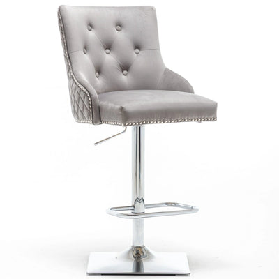 Portland, Light Grey French Velvet, Ring Knocker Quilted Back Bar Stool-Esme Furnishings
