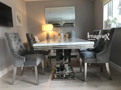 Ottavia White Marble 180CM Dining Table + Knightsbridge Chrome Knocker Plush Velvet Dining Chairs-Esme Furnishings