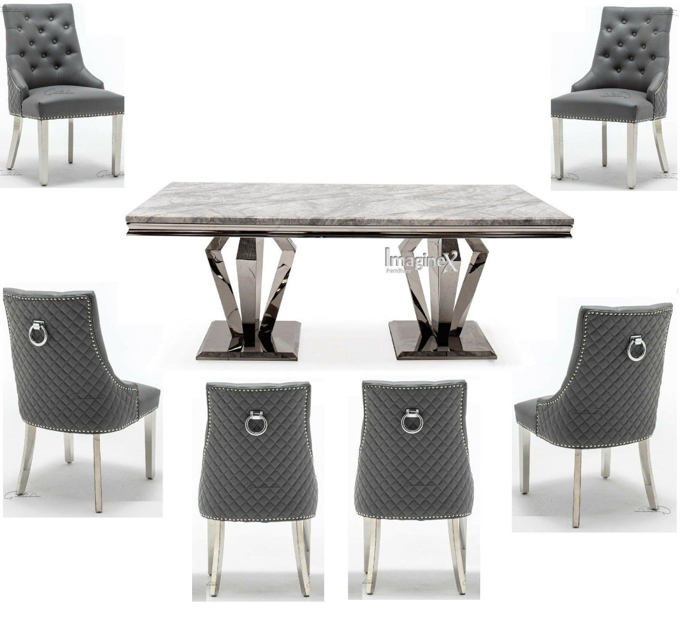 Arturo 180cm Grey Marble Dining Table + Grey Chrome Ring Knocker Faux Leather Chairs-Esme Furnishings