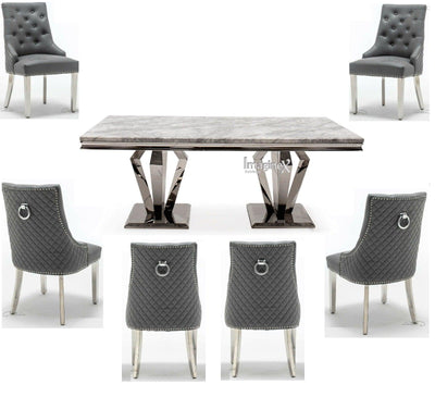 Arturo 180cm Grey Marble Dining Table + Grey Chrome Ring Knocker Faux Leather Chairs-Esme Furnishings