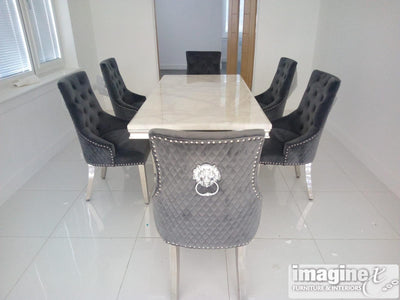Ottavia White Marble 180CM Dining Table + Lion Knocker Plush Velvet Dining Chairs-Esme Furnishings