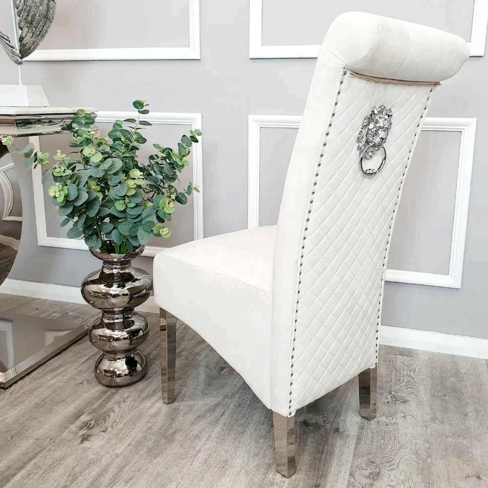 Arial 200cm Marble & Chrome Dining Table With Lucy Slim Quilted Lion Knocker Velvet Chairs