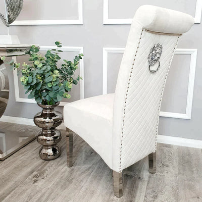 Arial 200cm Marble & Chrome Dining Table With Lucy Slim Quilted Lion Knocker Velvet Chairs