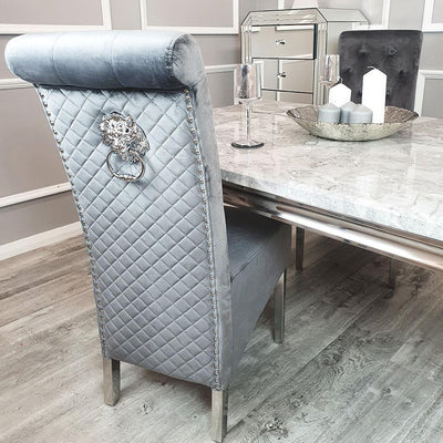 Louis 180cm Grey Marble Dining Table + Lucy Lion Slim Knocker Plush Velvet Chairs In 4 Colours-Esme Furnishings
