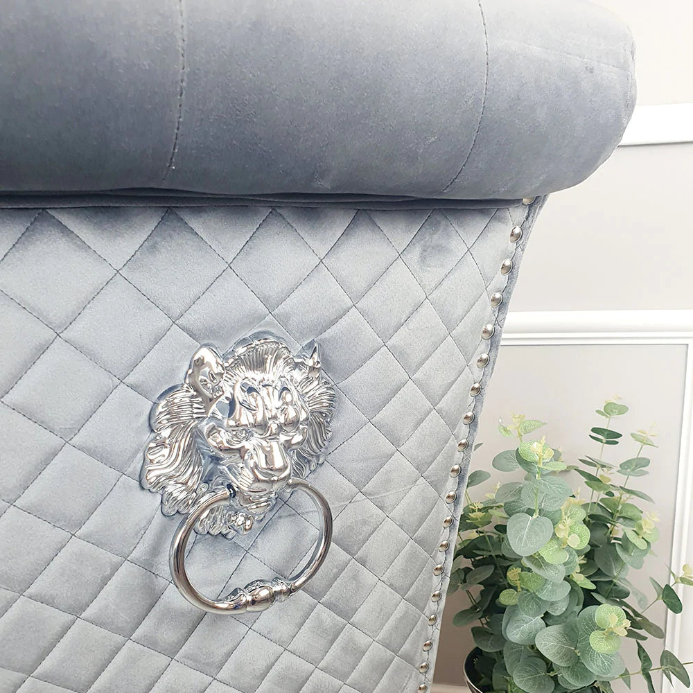 Louis White Marble 130cm Round Dining Table + Lucy Grey Lion Knocker Plush Velvet Chairs-Esme Furnishings
