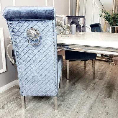 Louis 180cm Grey Marble Dining Table + Lucy Lion Slim Knocker Plush Velvet Chairs In 4 Colours-Esme Furnishings
