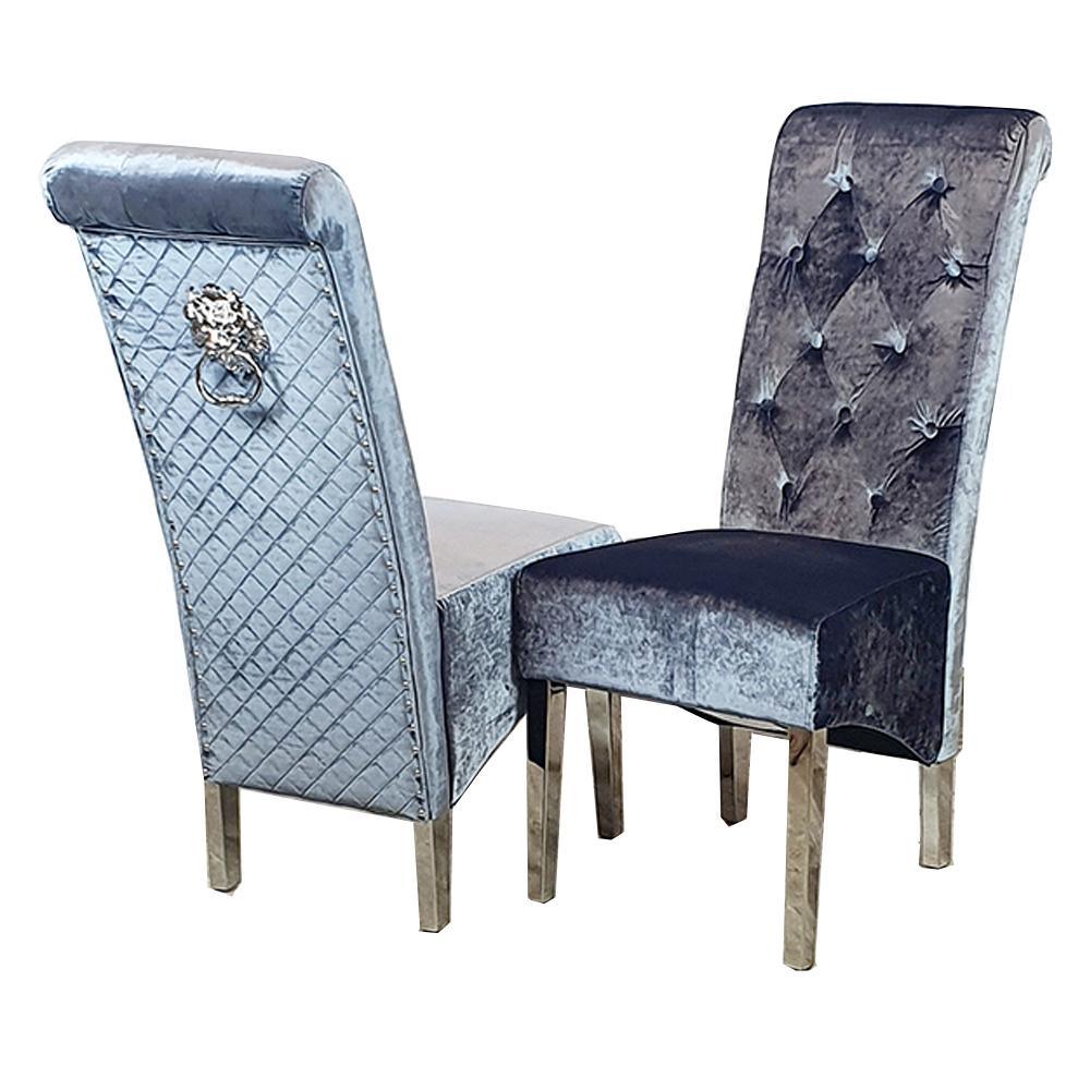 Sophia Charcoal Grey Shimmer Velvet Lion Knocker Quilted Back Slim Dining Chair-Esme Furnishings