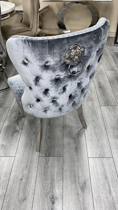 Louis 150cm Grey Marble Dining Table + Valente Dark Grey Lion Knocker Velvet Chairs-Esme Furnishings