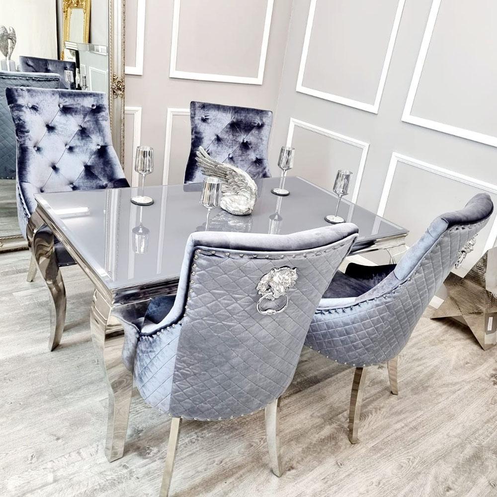 Louis 160cm Grey Glass Dining Table + 4 Quilted Lion Knocker Chairs In 2 Colours - Special Promo Price-Esme Furnishings