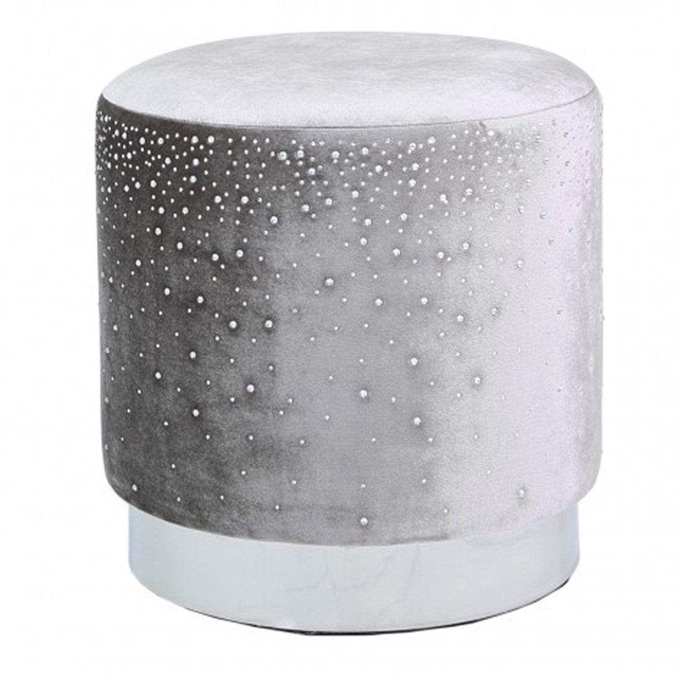 Grey Round Plush Velvet Stool With Sparkle Pattern-Esme Furnishings