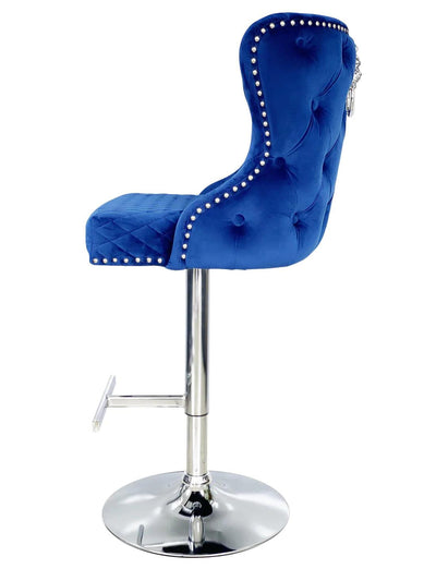 Valentino Navy Blue Lion Knocker Quilted Back Plush Velvet Chrome Bar Stool-Esme Furnishings