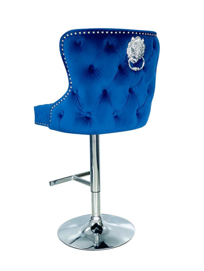 Valentino Navy Blue Lion Knocker Quilted Back Plush Velvet Chrome Bar Stool-Esme Furnishings