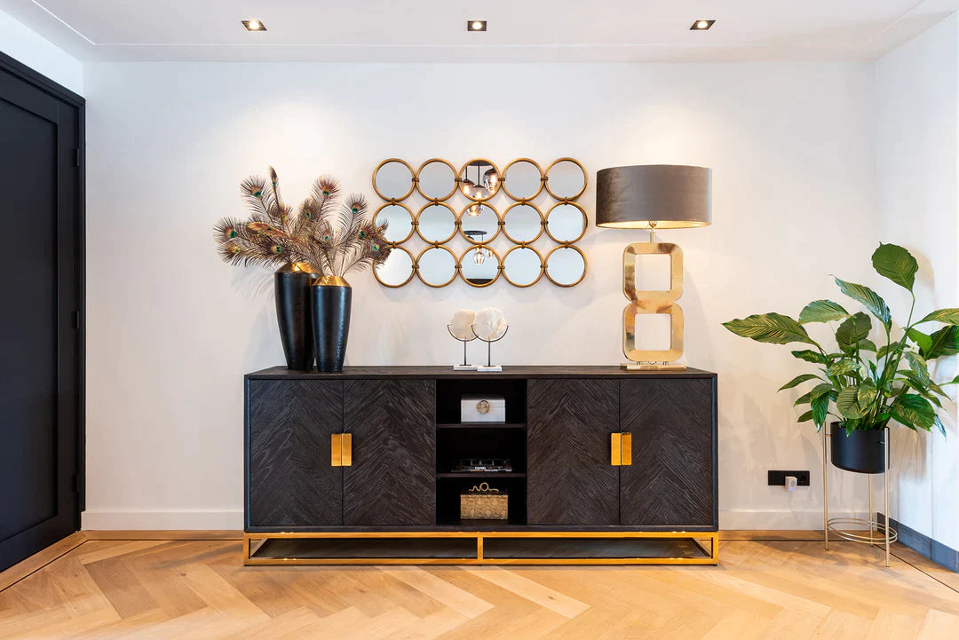 Richmond Interiors Blackbone Black Oak and Gold 4 Door Wide Sideboard