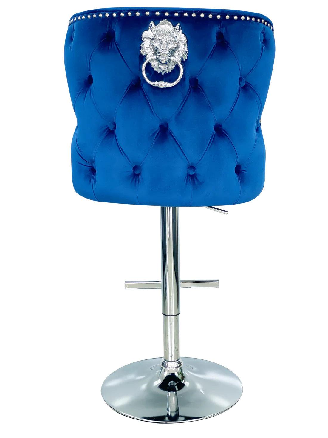 Valentino Navy Blue Lion Knocker Quilted Back Plush Velvet Chrome Bar Stool-Esme Furnishings