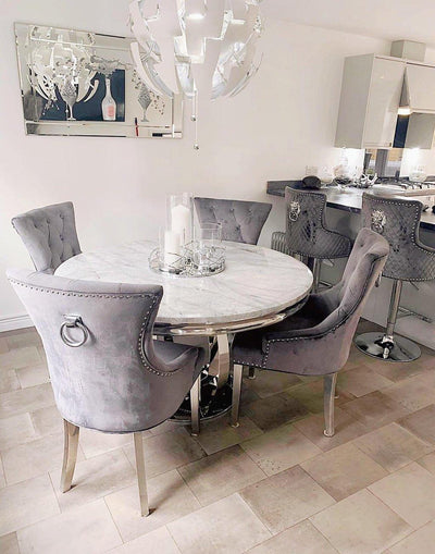 Chelsea 130cm White Marble Round Dining Table + Grey Ring Knocker Chairs-Esme Furnishings