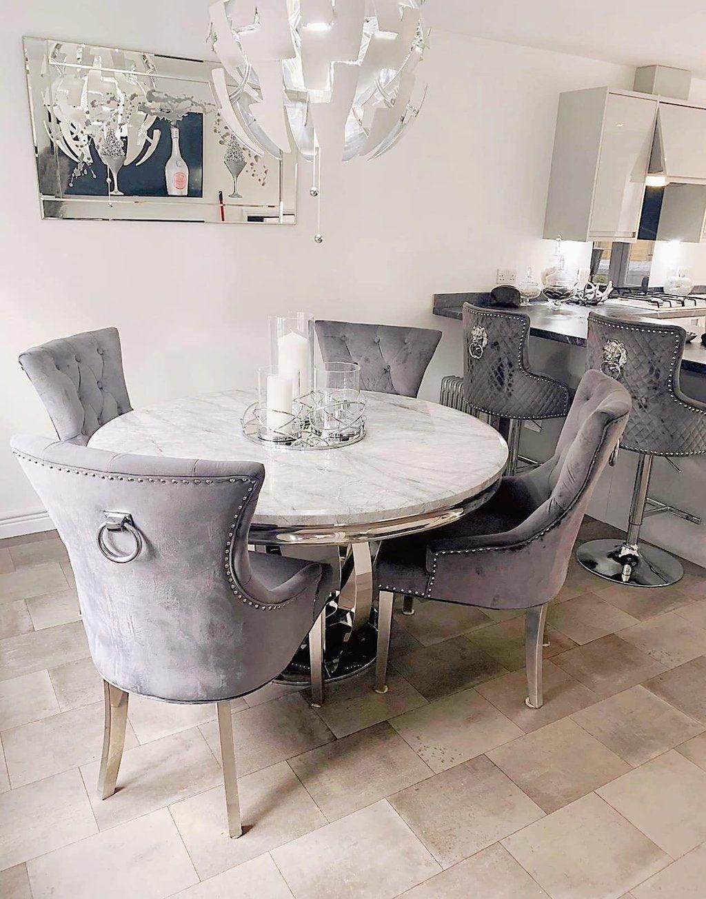 Chelsea 130cm Grey Marble Round Dining Table + Grey Ring Knocker Chairs-Esme Furnishings