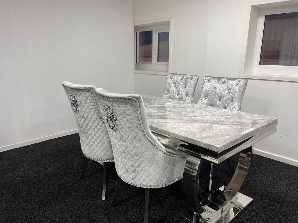 Arianna 180cm Grey Marble Dining Table + Silver Grey Lion Knocker Velvet Chairs