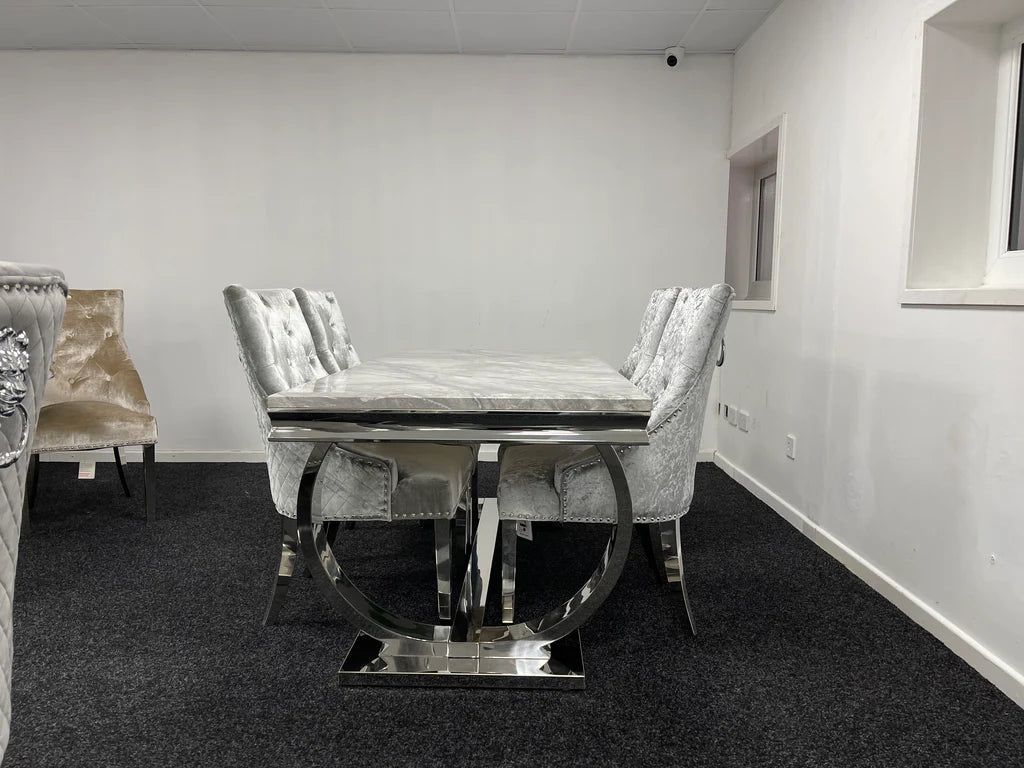 Arianna 200cm White Marble Dining Table + Silver Grey Lion Knocker Velvet Chairs
