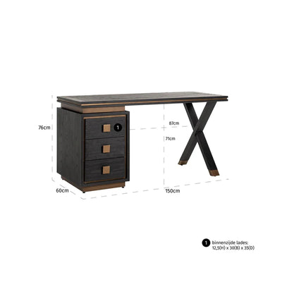 Hunter Black Oak and Gold 3 Drawer Desk-Belmont Interiors