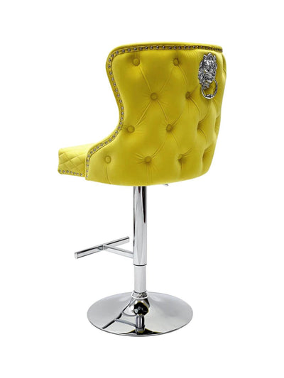 Valentino Mustard Lion Knocker Quilted Back Plush Velvet Chrome Bar Stool-Esme Furnishings