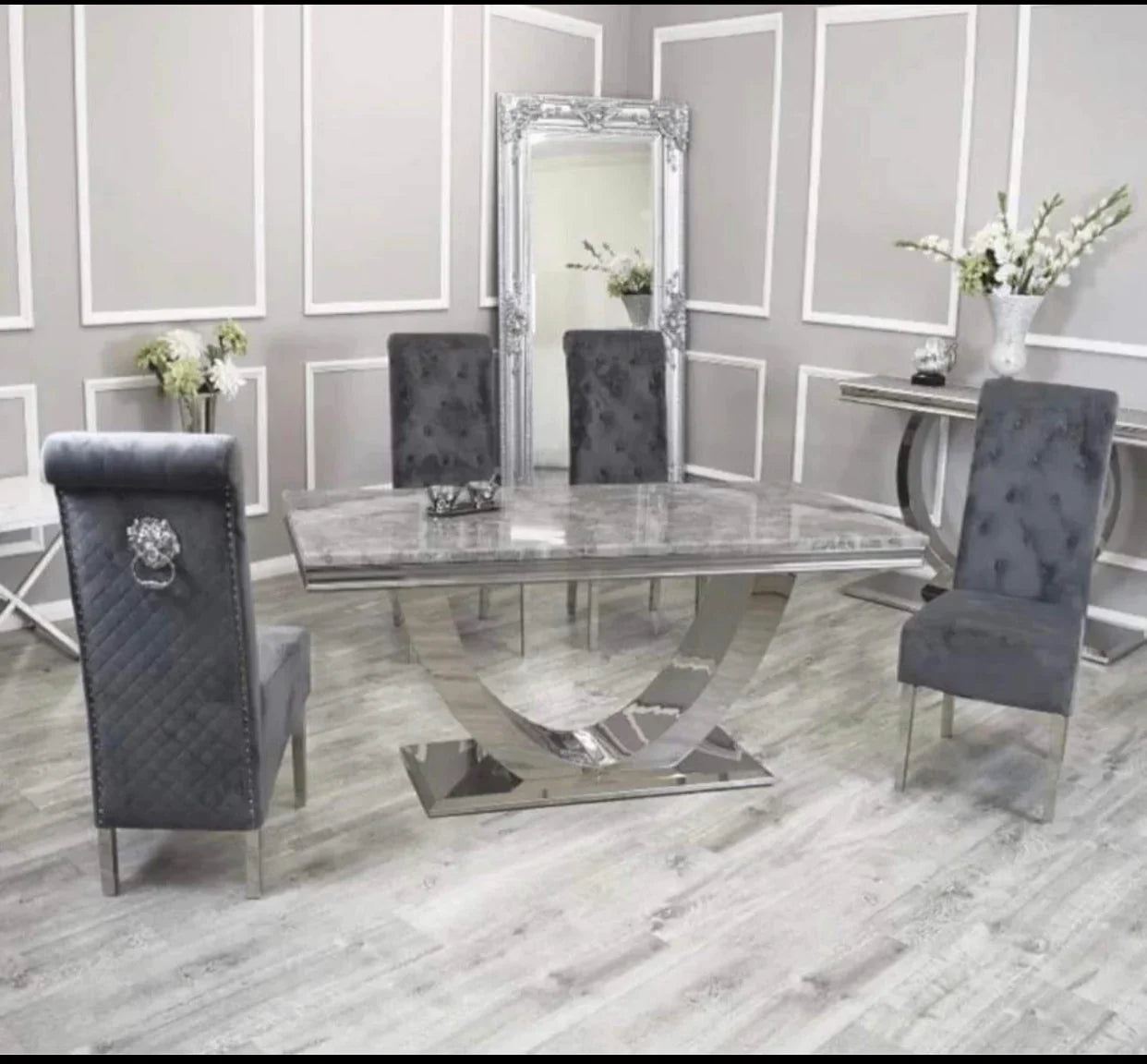 Arial 180cm Marble & Chrome Dining Table With Lucy Slim Quilted Lion Knocker Velvet Chairs