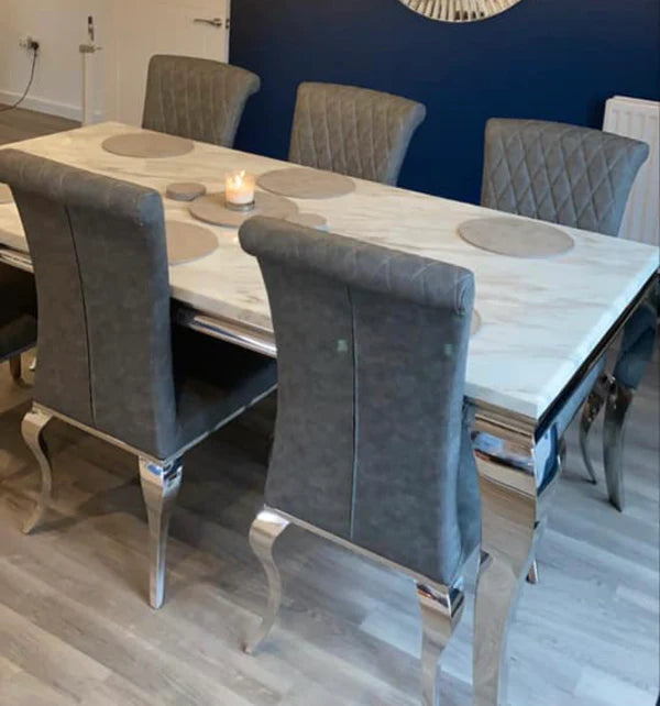Louis 150cm Marble & Chrome Dining Table With Nicole PU Leather Cross Stitch Chairs
