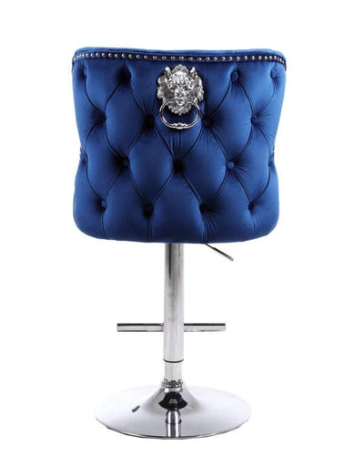 Valentino Navy Blue Lion Knocker Quilted Back Plush Velvet Chrome Bar Stool-Esme Furnishings