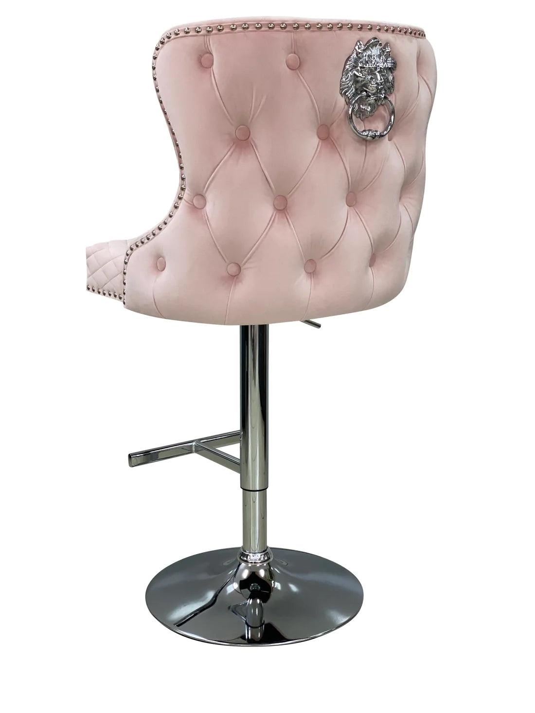 Valentino Pink Lion Knocker Quilted Back Plush Velvet Chrome Bar Stool-Esme Furnishings