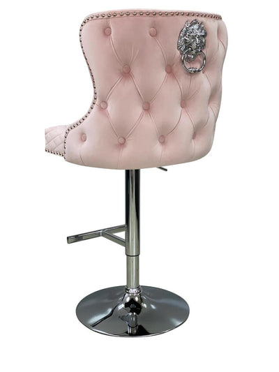 Valentino Pink Lion Knocker Quilted Back Plush Velvet Chrome Bar Stool-Esme Furnishings