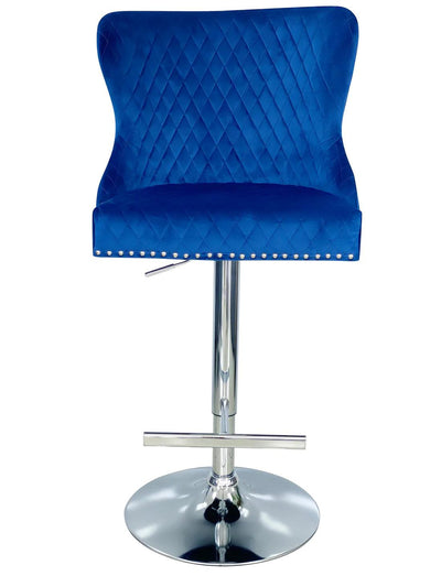 Valentino Navy Blue Lion Knocker Quilted Back Plush Velvet Chrome Bar Stool-Esme Furnishings