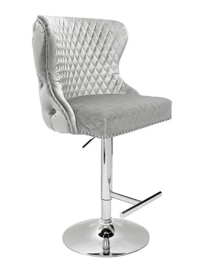 Valentino Pewter Shimmer Grey Lion Knocker Quilted Back Plush Velvet Chrome Bar Stool-Esme Furnishings