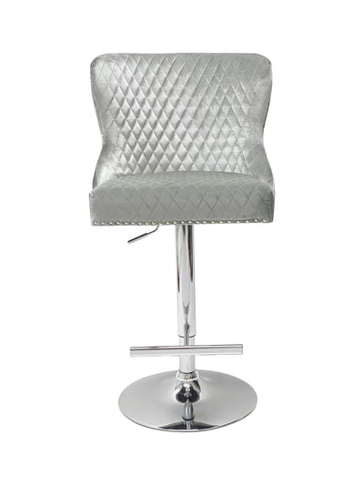 Valentino Pewter Shimmer Grey Lion Knocker Quilted Back Plush Velvet Chrome Bar Stool-Esme Furnishings