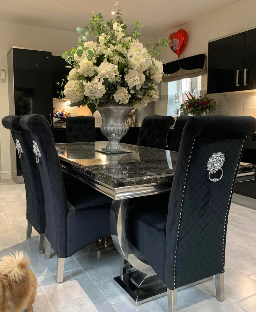Arianna 180cm Black Marble Dining Table + Lucy Black Lion Slim Knocker Plush Velvet Chairs-Esme Furnishings