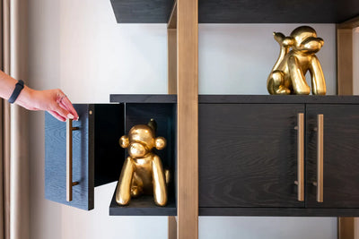 Richmond Interiors Cambon Gold Stainless Steel Bookcase with Dark Coffee 4 Door Cabinet