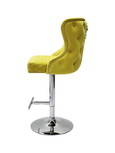 Valentino Mustard Lion Knocker Quilted Back Plush Velvet Chrome Bar Stool-Esme Furnishings