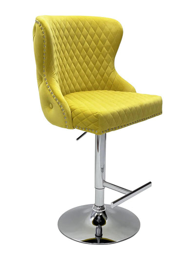 Valentino Mustard Lion Knocker Quilted Back Plush Velvet Chrome Bar Stool-Esme Furnishings