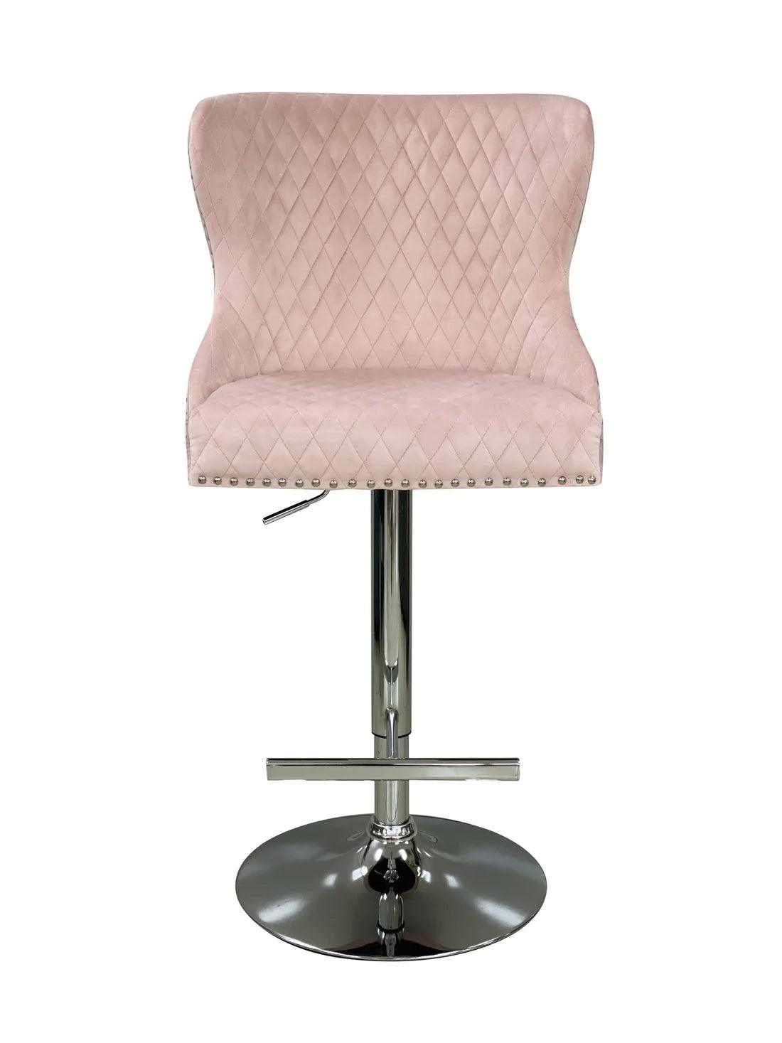 Valentino Pink Lion Knocker Quilted Back Plush Velvet Chrome Bar Stool-Esme Furnishings