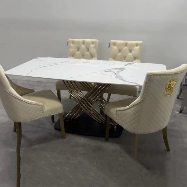 Orion Gold 180cm Dining Table with Polar White Sintered Stone Top + Gold Lion Knocker Dining Chairs-Esme Furnishings