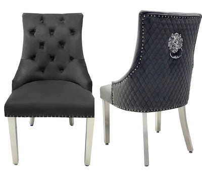 Arianna Marble & Chrome Dining Table With Quilted Lion Knocker Velvet Chairs