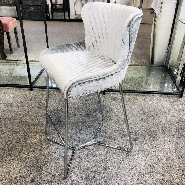 Osaka Pewter Shimmer Grey Velvet Quilted Back Bar Stool-Esme Furnishings