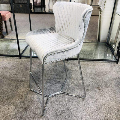 Osaka Pewter Shimmer Grey Velvet Quilted Back Bar Stool-Esme Furnishings