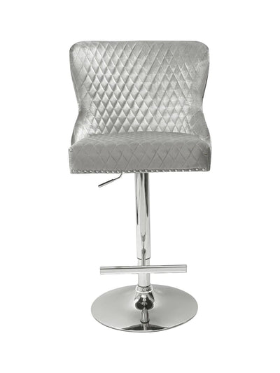 Valentino Pewter Shimmer Grey Lion Knocker Quilted Back Plush Velvet Chrome Bar Stool-Esme Furnishings