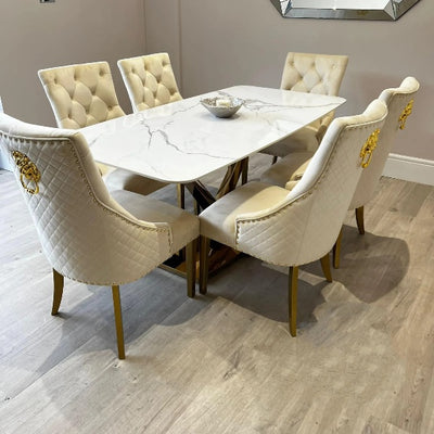 Valeo Gold 180cm Dining Table with Polar White Sintered Stone Top + Gold Lion Knocker Dining Chairs-Esme Furnishings