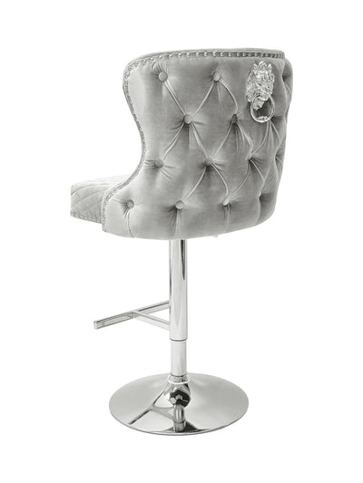 Valentino Pewter Shimmer Grey Lion Knocker Quilted Back Plush Velvet Chrome Bar Stool-Esme Furnishings