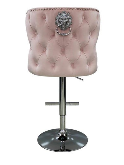 Valentino Pink Lion Knocker Quilted Back Plush Velvet Chrome Bar Stool-Esme Furnishings