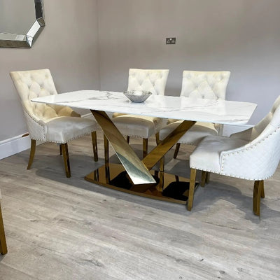 Valeo Gold 180cm Dining Table with Polar White Sintered Stone Top + Gold Lion Knocker Dining Chairs-Esme Furnishings