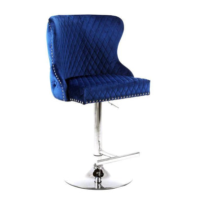 Valentino Navy Blue Lion Knocker Quilted Back Plush Velvet Chrome Bar Stool-Esme Furnishings